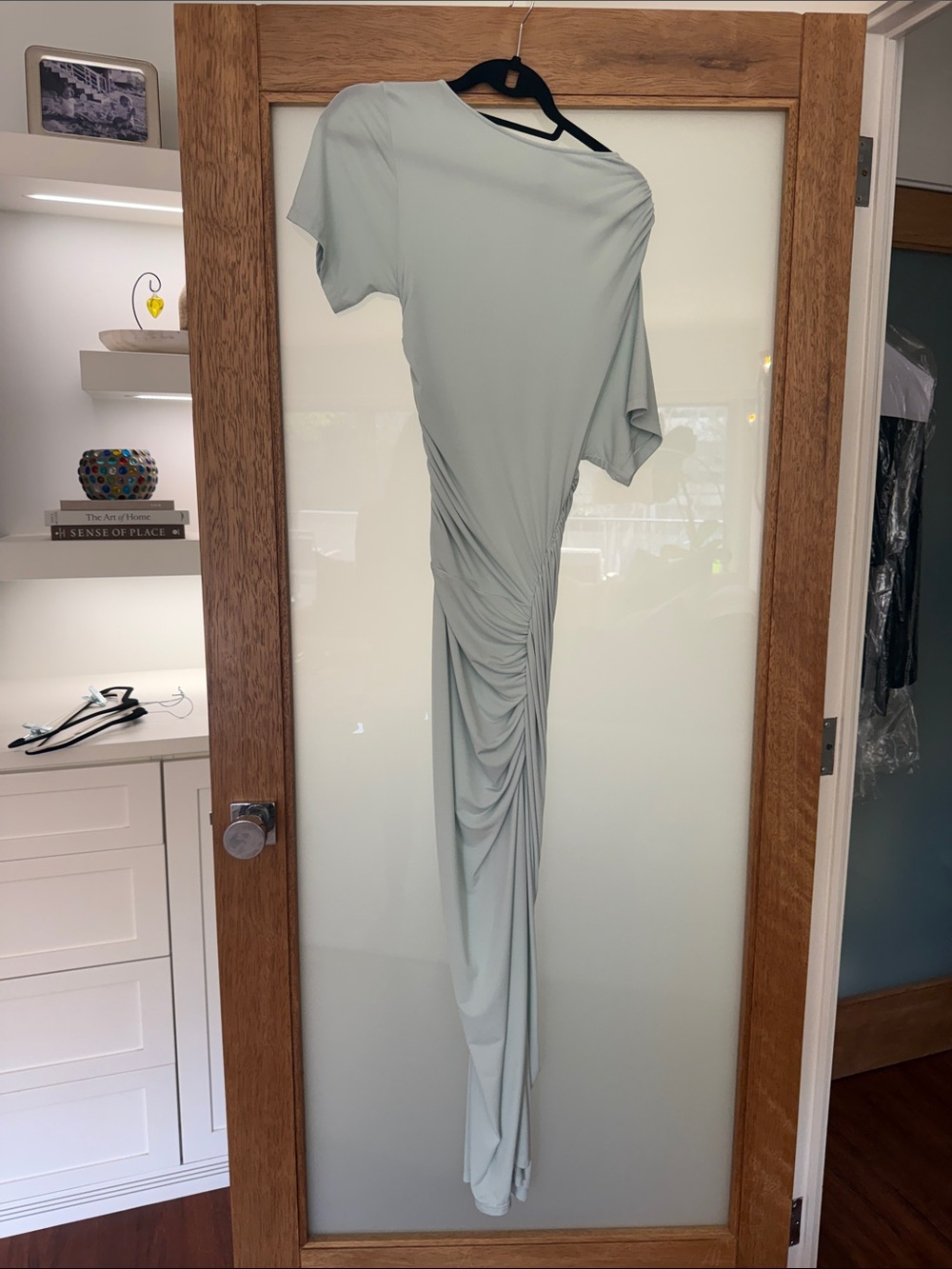 Khy Elegant Asymmetric Draped Maxi Dress in Light Sage
